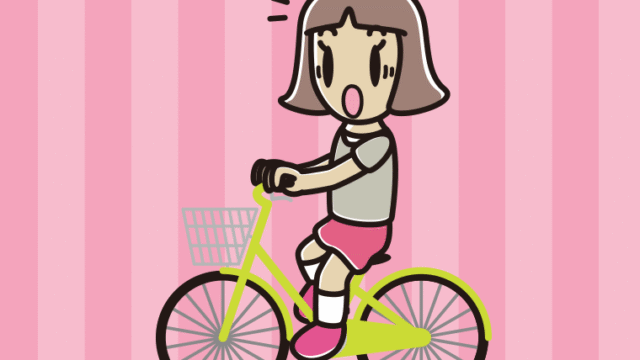 自転車に乗って驚く小学生女子のイラスト【色、背景あり】PNG