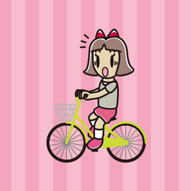 自転車に乗って驚く小学生女子のイラスト【色、背景あり】PNG