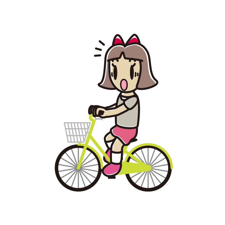 自転車に乗って驚く小学生女子のイラスト【色あり、背景なし】透過PNG