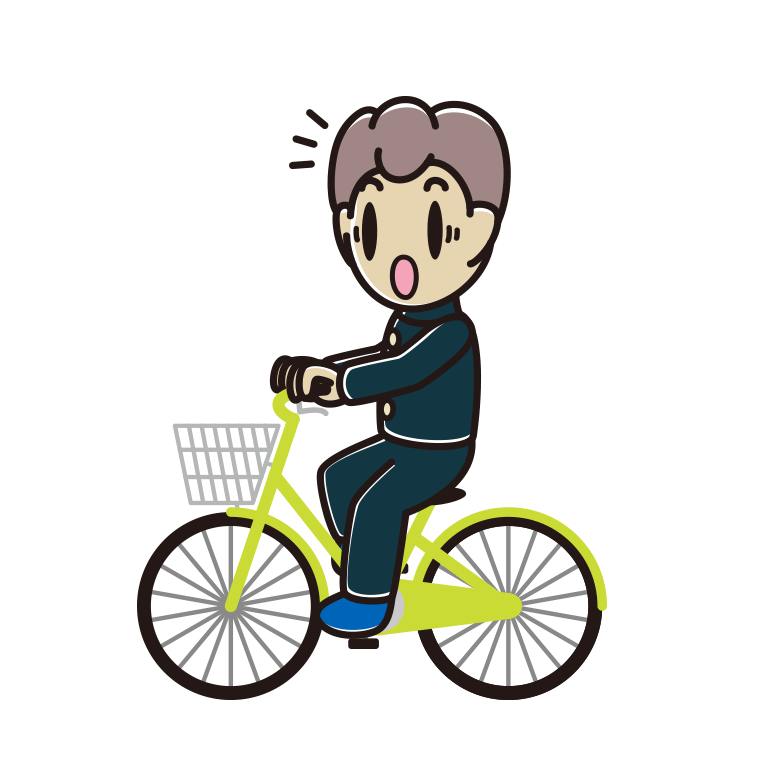 自転車に乗って驚く男子中学生のイラスト【色あり、背景なし】透過PNG