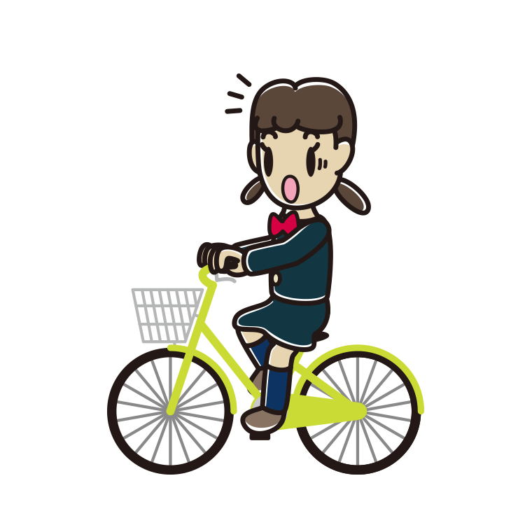 自転車に乗って驚く女子中学生のイラスト【色あり、背景なし】透過PNG