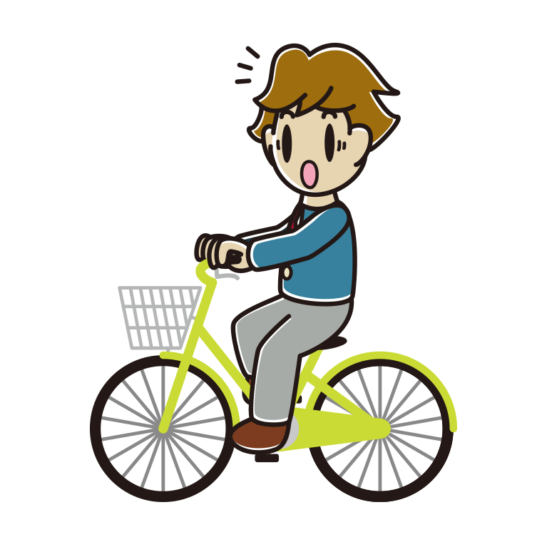 自転車に乗って驚く男子高校生のイラスト【色あり、背景なし】透過PNG