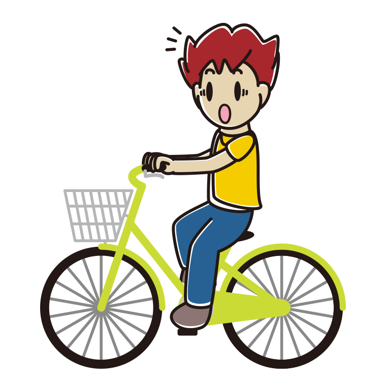 自転車に乗って驚く男子大学生のイラスト【色あり、背景なし】透過PNG