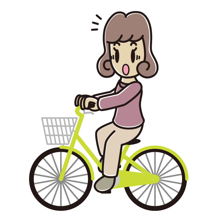 自転車に乗って驚く女子大学生のイラスト【色あり、背景なし】透過PNG