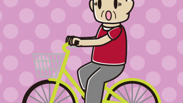 自転車に乗って驚くおじさんのイラスト【色、背景あり】PNG