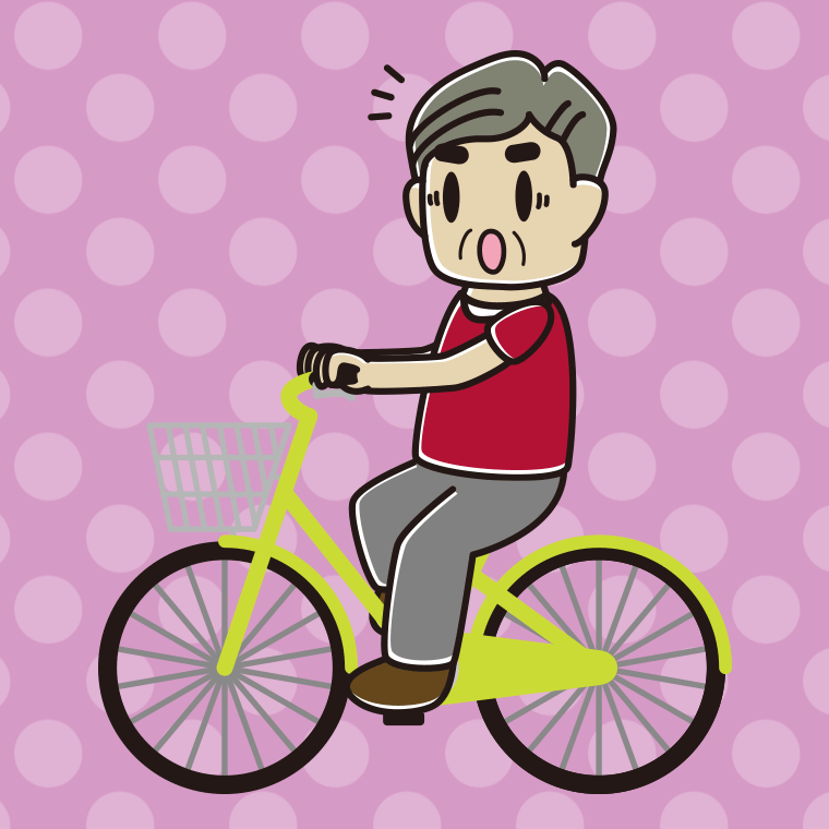 自転車に乗って驚くおじさんのイラスト【色、背景あり】PNG