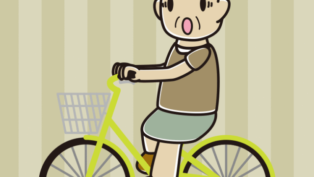 自転車に乗って驚くおばさんのイラスト【色、背景あり】PNG