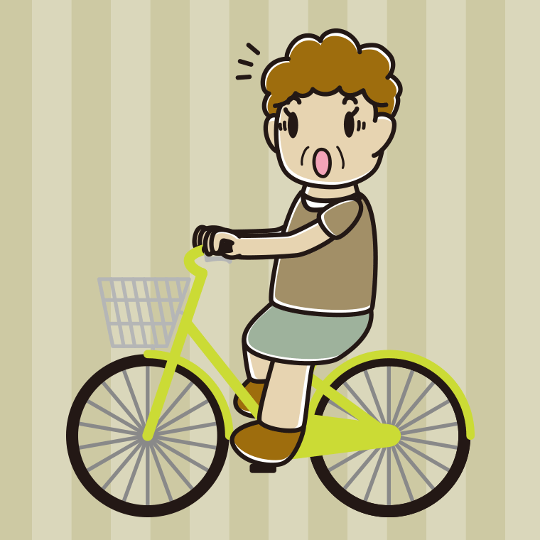 自転車に乗って驚くおばさんのイラスト【色、背景あり】PNG