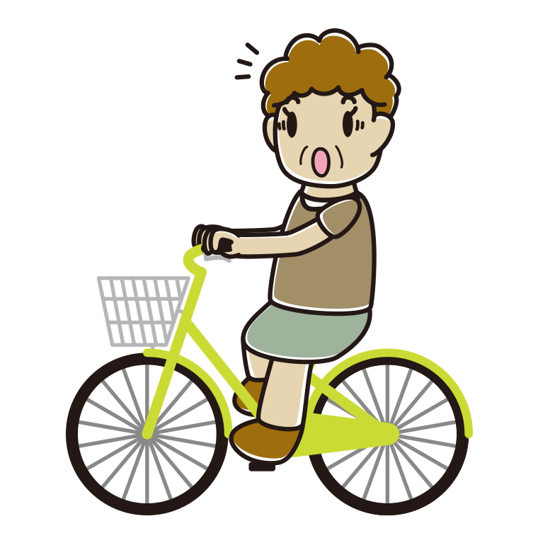 自転車に乗って驚くおばさんのイラスト【色あり、背景なし】透過PNG