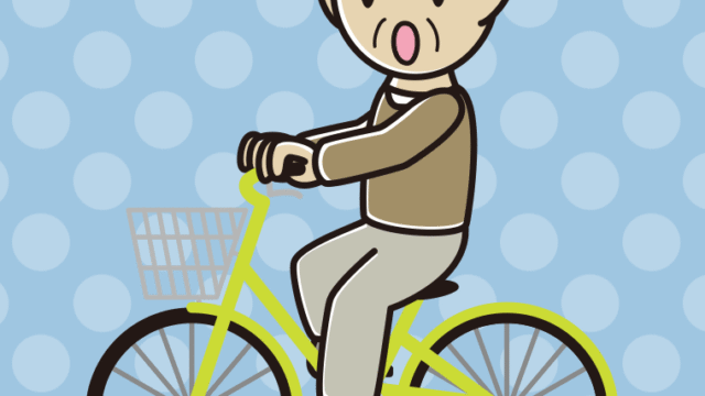 自転車に乗って驚くおじいさんのイラスト【色、背景あり】PNG