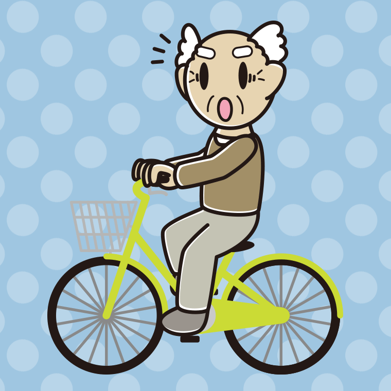 自転車に乗って驚くおじいさんのイラスト【色、背景あり】PNG