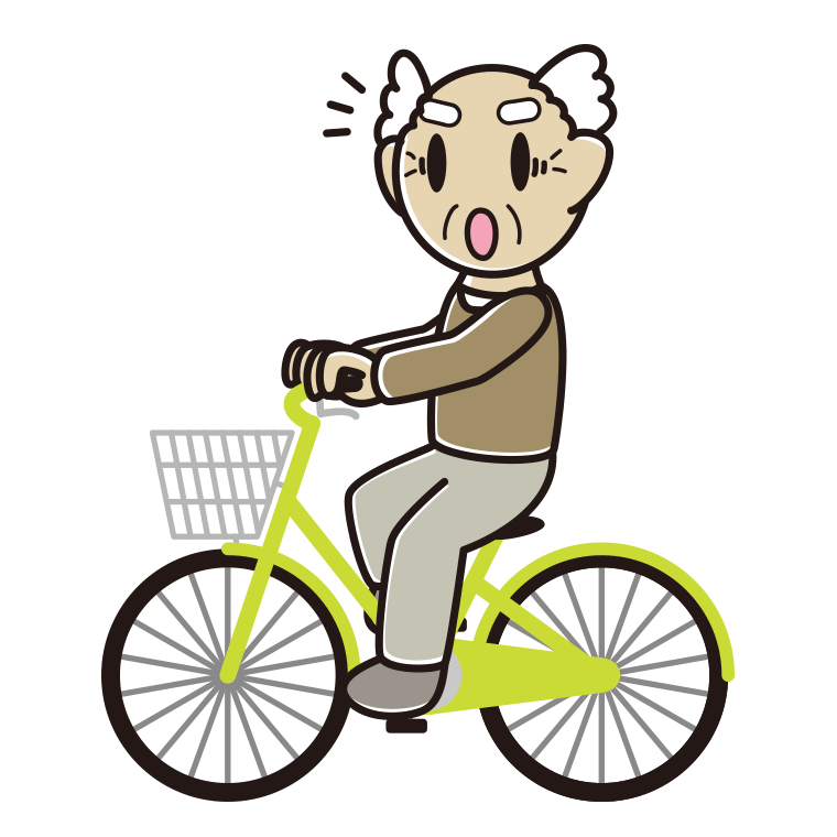 自転車に乗って驚くおじいさんのイラスト【色あり、背景なし】透過PNG
