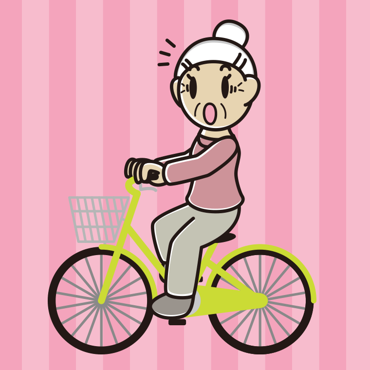 自転車に乗って驚くおばあさんのイラスト【色、背景あり】PNG