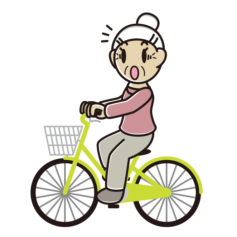 自転車に乗って驚くおばあさんのイラスト【色あり、背景なし】透過PNG