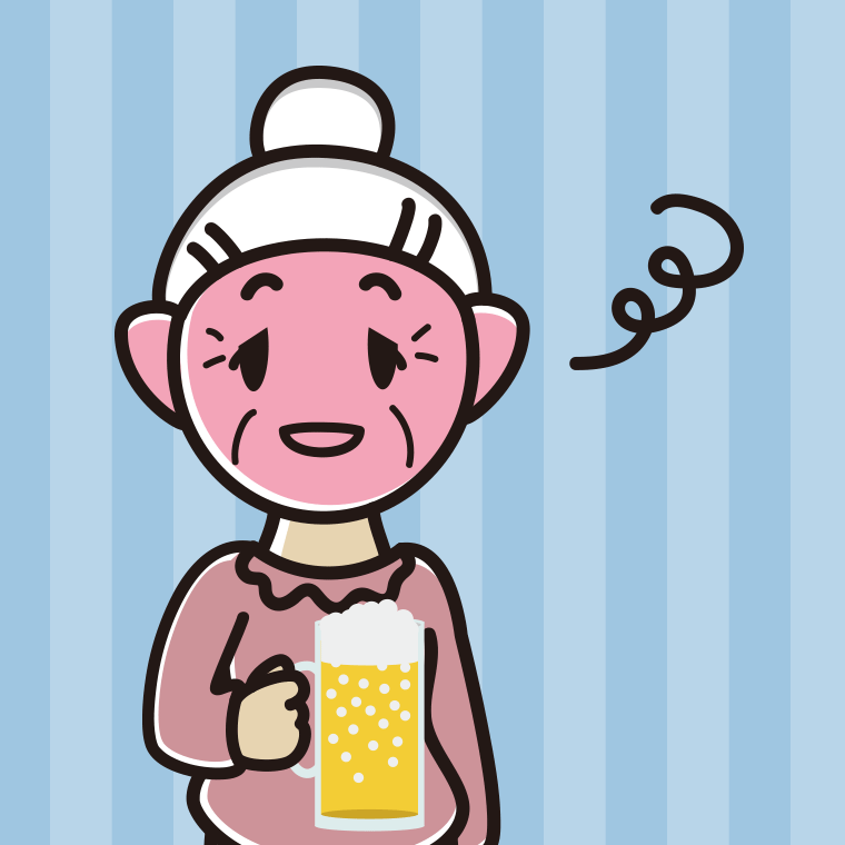 酔っぱらうおばあさんのイラスト【色、背景あり】PNG