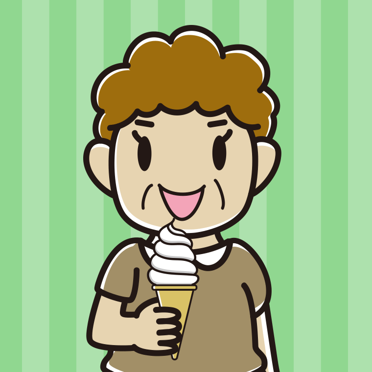 ソフトクリームを食べるおばさんのイラスト【色、背景あり】PNG