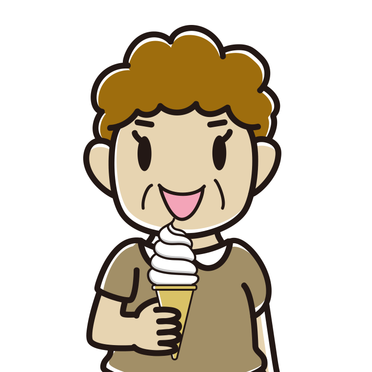 ソフトクリームを食べるおばさんのイラスト【色あり、背景なし】透過PNG