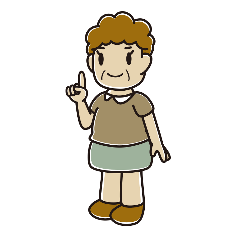 人差し指を立てるおばさんのイラスト【色あり、背景なし】透過PNG
