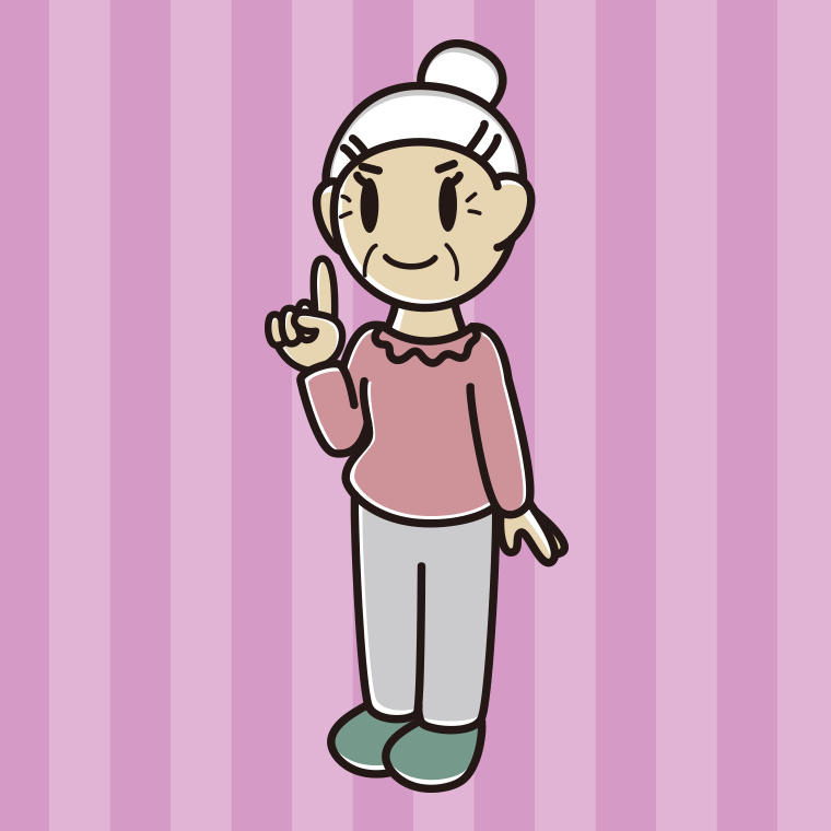 人差し指を立てるおばあさんのイラスト【色、背景あり】PNG