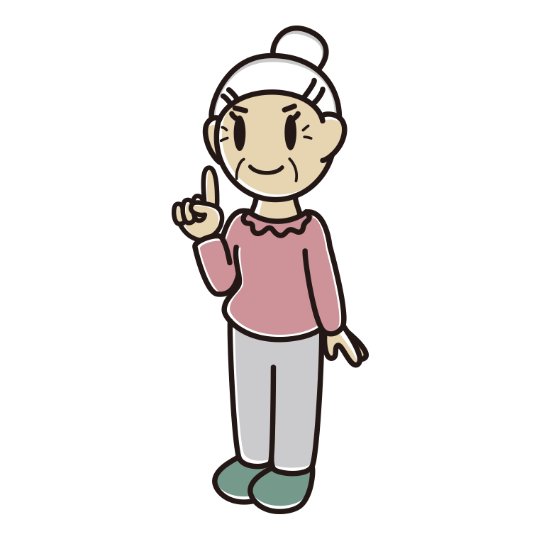 人差し指を立てるおばあさんのイラスト【色あり、背景なし】透過PNG