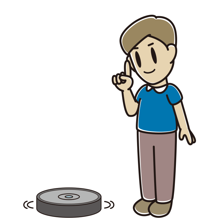 ロボット掃除機で掃除をする男性のイラスト【色あり、背景なし】透過PNG