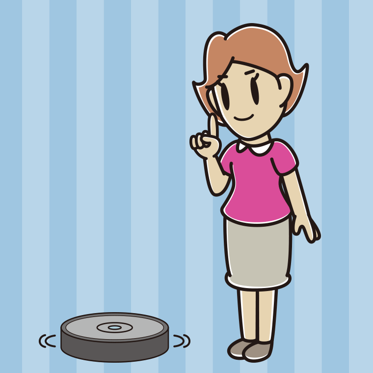 ロボット掃除機で掃除をする女性のイラスト【色、背景あり】PNG