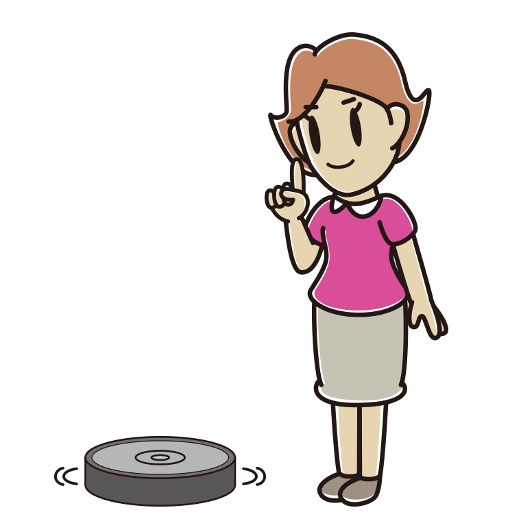 ロボット掃除機で掃除をする女性のイラスト【色あり、背景なし】透過PNG