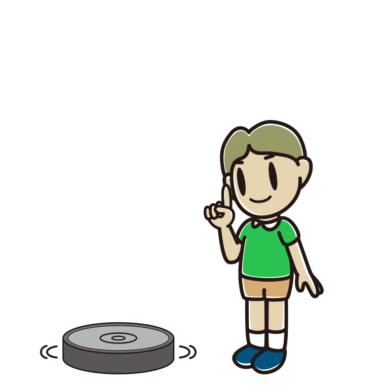 ロボット掃除機で掃除をする小学生男子のイラスト【色あり、背景なし】透過PNG