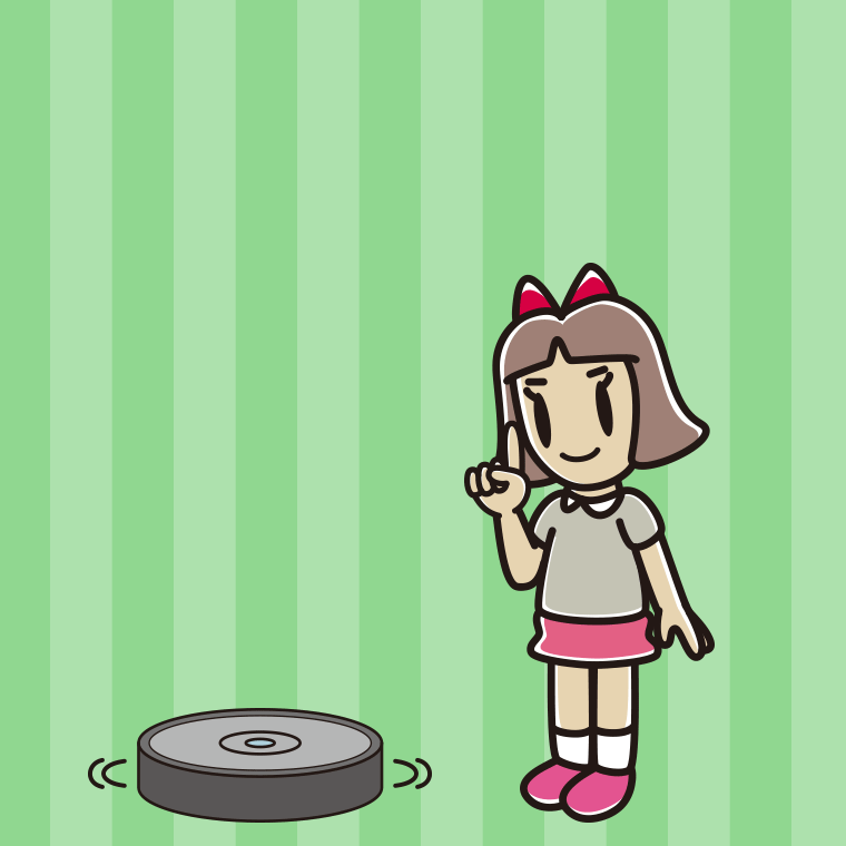 ロボット掃除機で掃除をする小学生女子のイラスト【色、背景あり】PNG