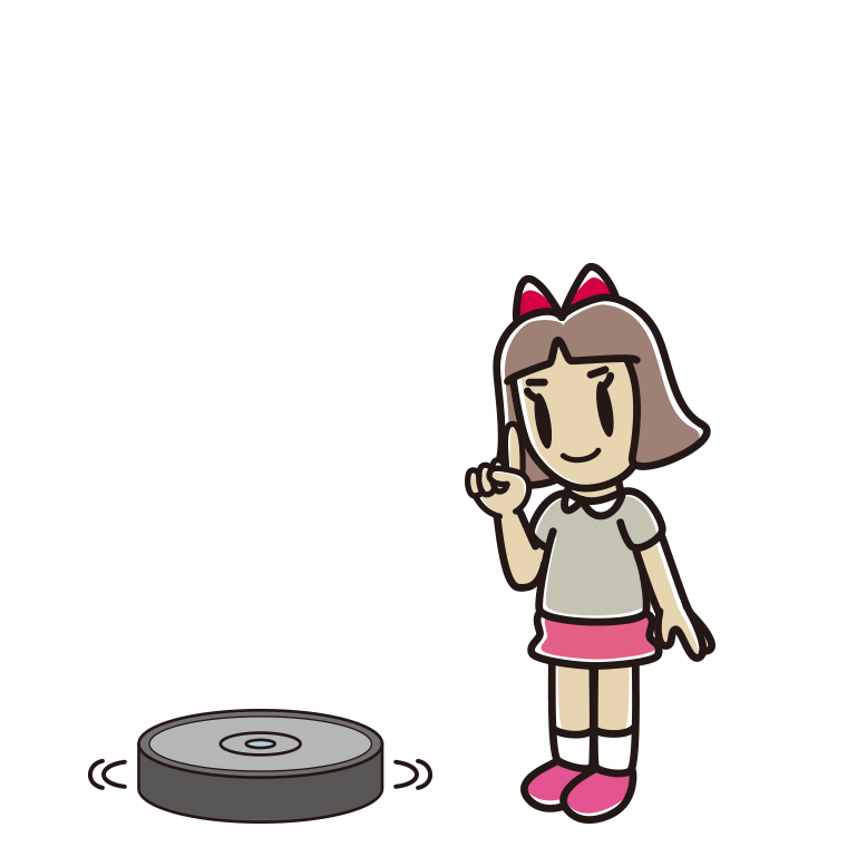 ロボット掃除機で掃除をする小学生女子のイラスト【色あり、背景なし】透過PNG