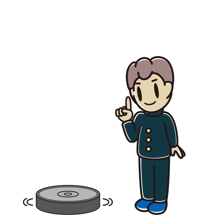 ロボット掃除機で掃除をする男子中学生のイラスト【色あり、背景なし】透過PNG
