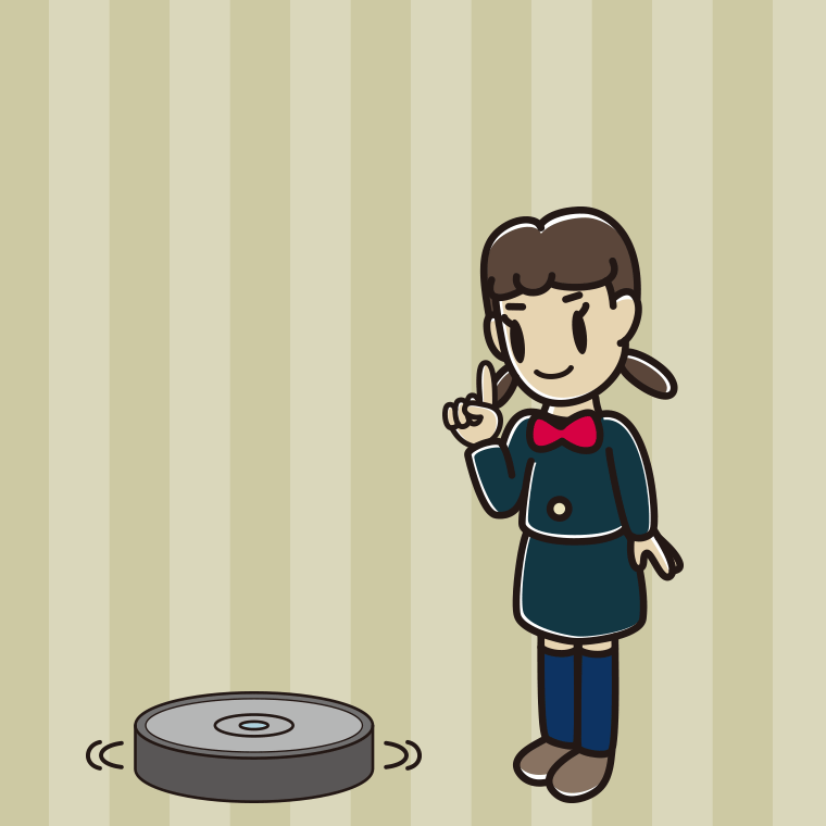 ロボット掃除機で掃除をする女子中学生のイラスト【色、背景あり】PNG