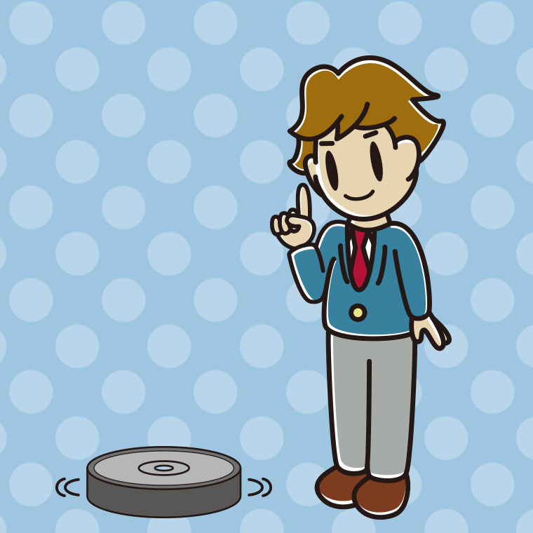 ロボット掃除機で掃除をする男子高校生のイラスト【色、背景あり】PNG