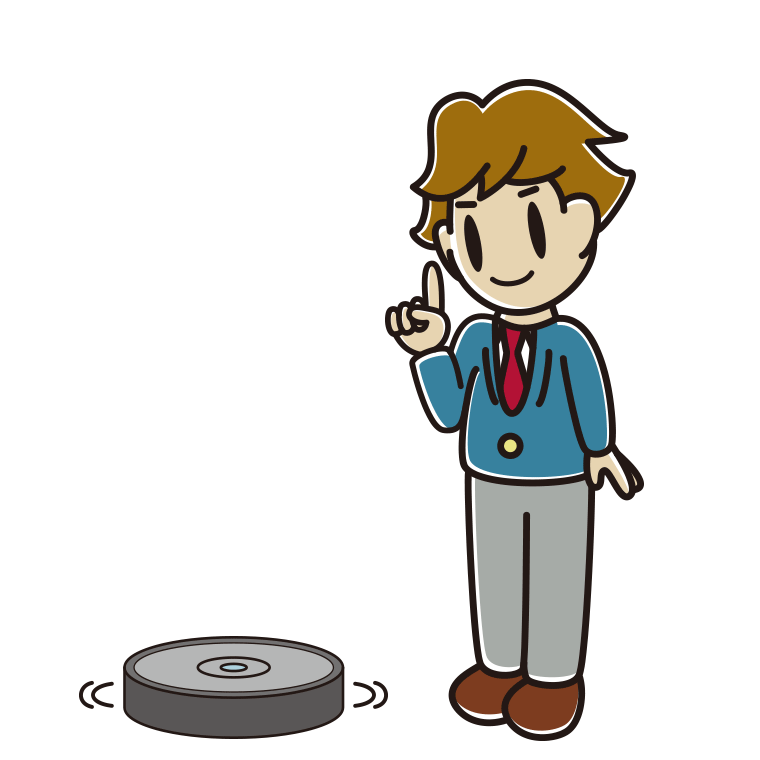 ロボット掃除機で掃除をする男子高校生のイラスト【色あり、背景なし】透過PNG