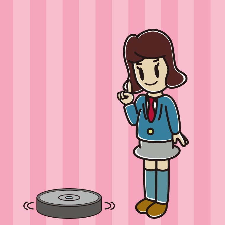 ロボット掃除機で掃除をする女子高校生のイラスト【色、背景あり】PNG