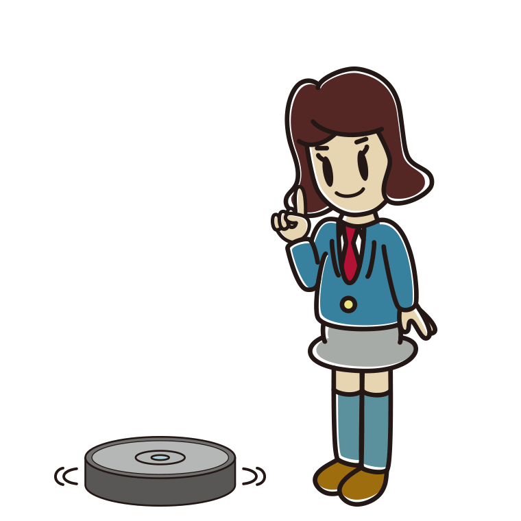 ロボット掃除機で掃除をする女子高校生のイラスト【色あり、背景なし】透過PNG