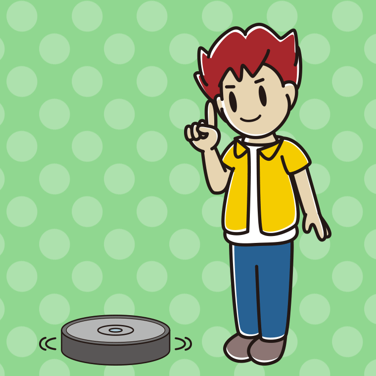 ロボット掃除機で掃除をする男子大学生のイラスト【色、背景あり】PNG