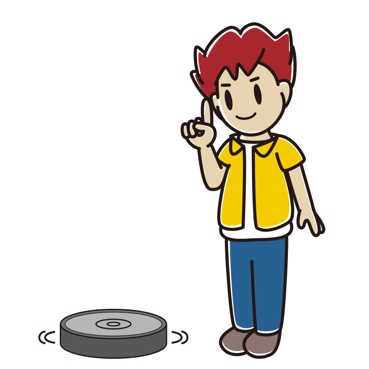 ロボット掃除機で掃除をする男子大学生のイラスト【色あり、背景なし】透過PNG