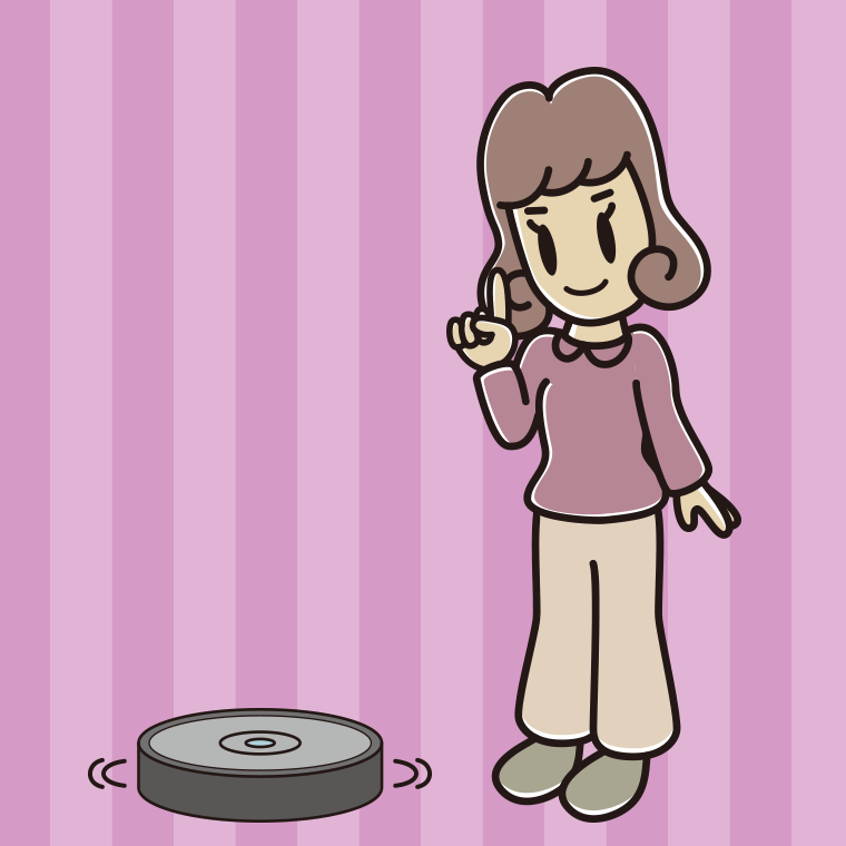 ロボット掃除機で掃除をする女子大学生のイラスト【色、背景あり】PNG