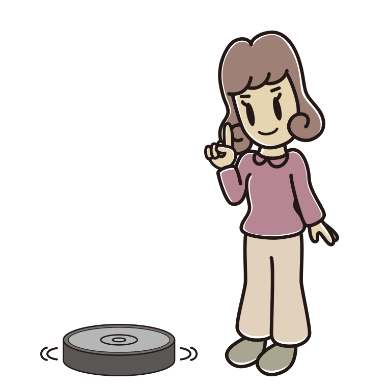 ロボット掃除機で掃除をする女子大学生のイラスト【色あり、背景なし】透過PNG