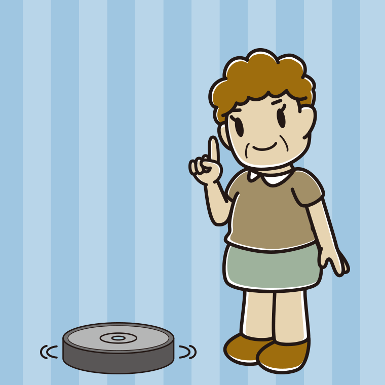 ロボット掃除機で掃除をするおばさんのイラスト【色、背景あり】PNG