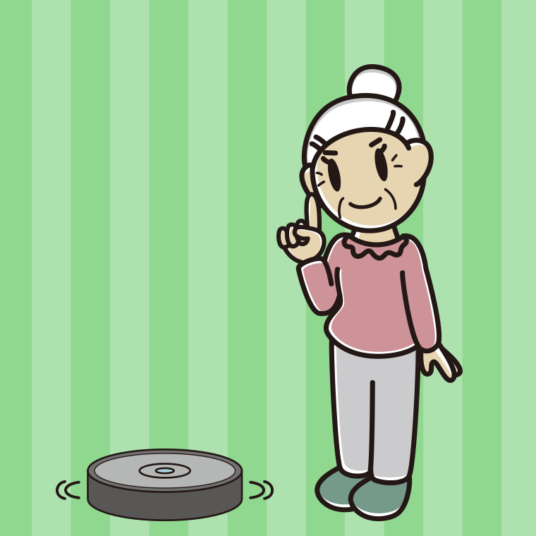 ロボット掃除機で掃除をするおばあさんのイラスト【色、背景あり】PNG