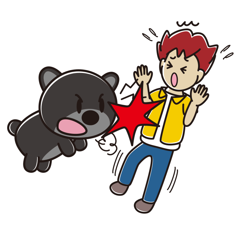 クマに襲われる男子大学生のイラスト【色あり、背景なし】透過PNG