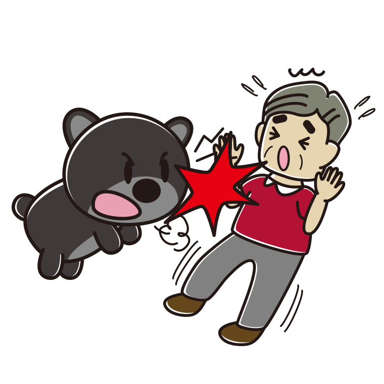 クマに襲われるおじさんのイラスト【色あり、背景なし】透過PNG