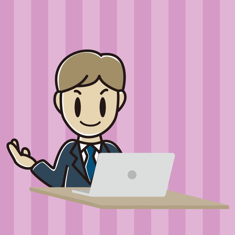 パソコンに案内する男性会社員のイラスト【色、背景あり】PNG