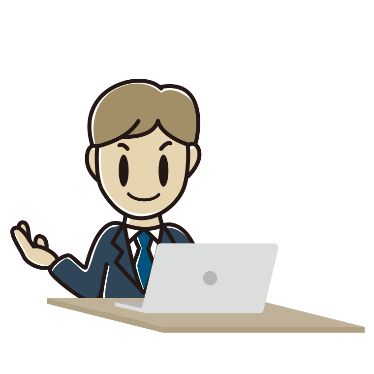 パソコンに案内する男性会社員のイラスト【色あり、背景なし】透過PNG