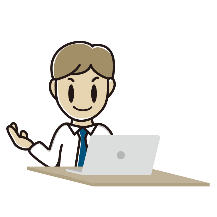 パソコンに案内する男性会社員（ワイシャツ）のイラスト【色あり、背景なし】透過PNG
