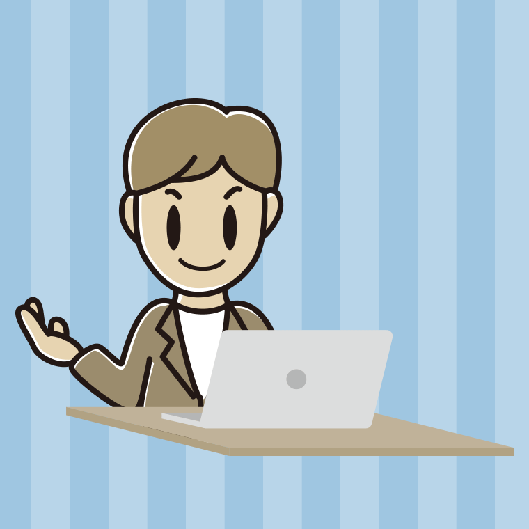 パソコンに案内する男性会社員（カジュアル）のイラスト【色、背景あり】PNG