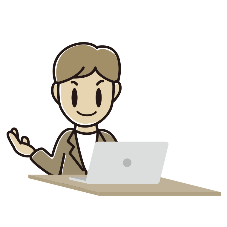 パソコンに案内する男性会社員（カジュアル）のイラスト【色あり、背景なし】透過PNG