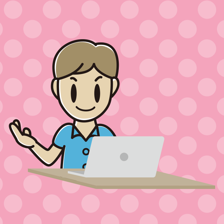 パソコンに案内する男性会社員（クールビズ）のイラスト【色、背景あり】PNG